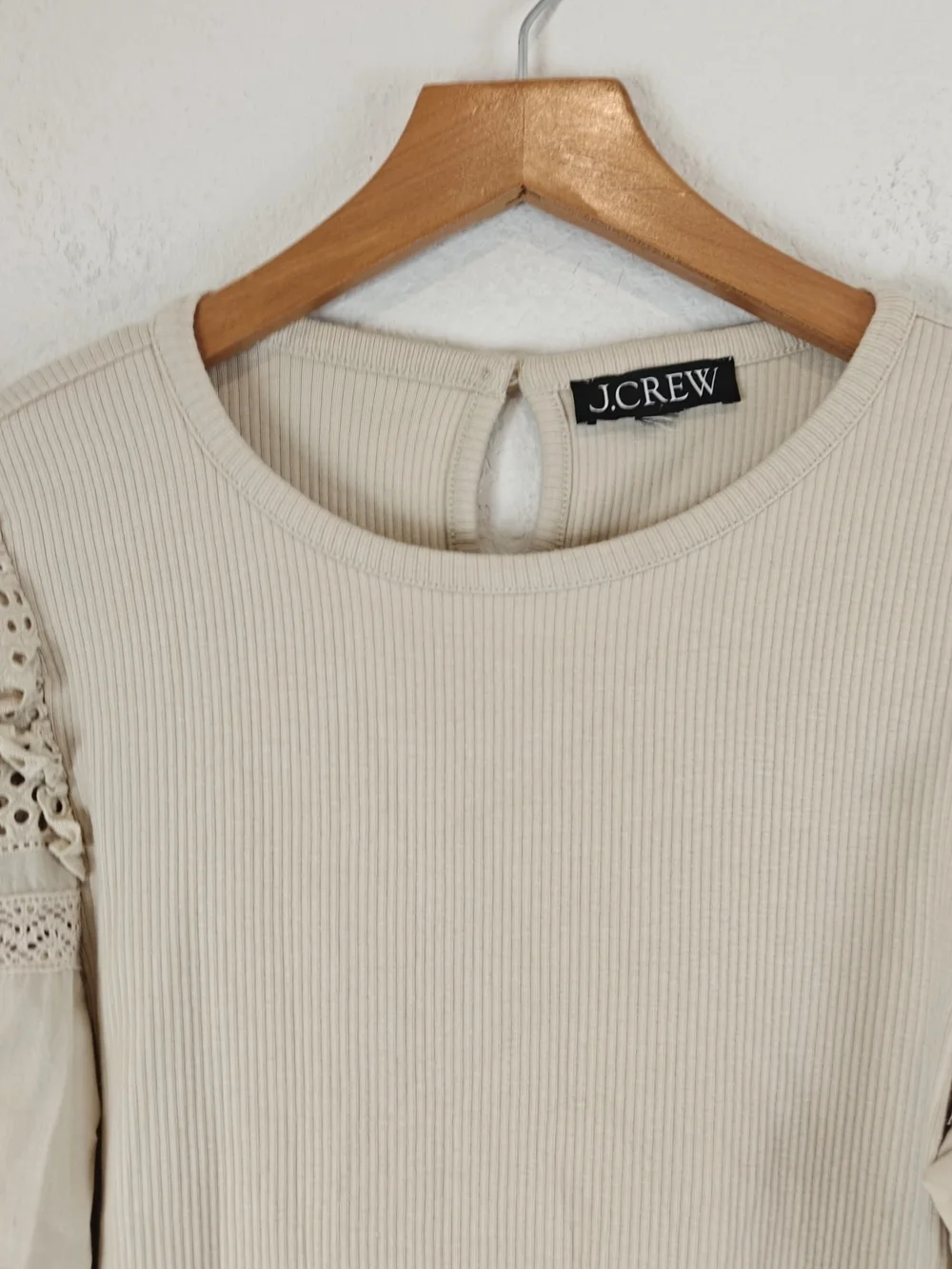 J.Crew Nwot Vintage Rib Ruffle‑Trim Eyelet Long Sleeve Top — Beige, Size S